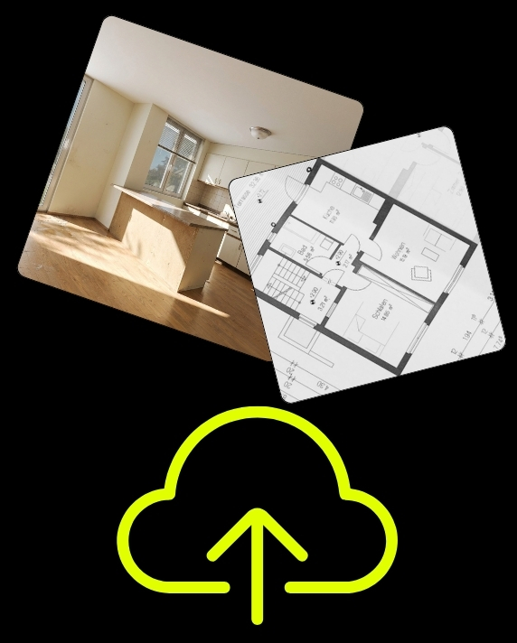Grafische Darstellung des Upload-Prozesses für virtuelles Home Staging: Ein Originalfoto einer unmöblierten Küche und ein technischer 2D-Grundriss schweben über einem leuchtend gelben Cloud-Upload-Symbol auf schwarzem Hintergrund.